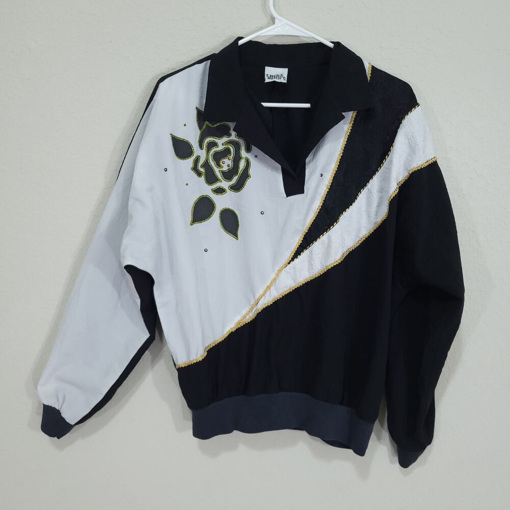 Vintage 80s Top Teddi Sport Womens 10 Black White Blouson Retro Floral Dolman
